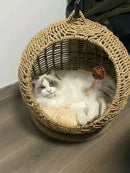 RoundHang™ | Hammock Redondo Semiaberto em Rattan para Gatos — Verão e Inverno