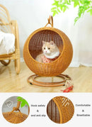 RoundHang™ | Hammock Redondo Semiaberto em Rattan para Gatos — Verão e Inverno