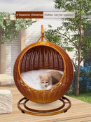 RoundHang™ | Hammock Redondo Semiaberto em Rattan para Gatos — Verão e Inverno