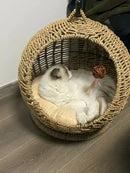 RoundHang™ | Hammock Redondo Semiaberto em Rattan para Gatos — Verão e Inverno